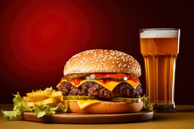 Vista di un delizioso hamburger con birra