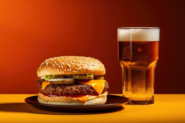 View of delicious burger with beer