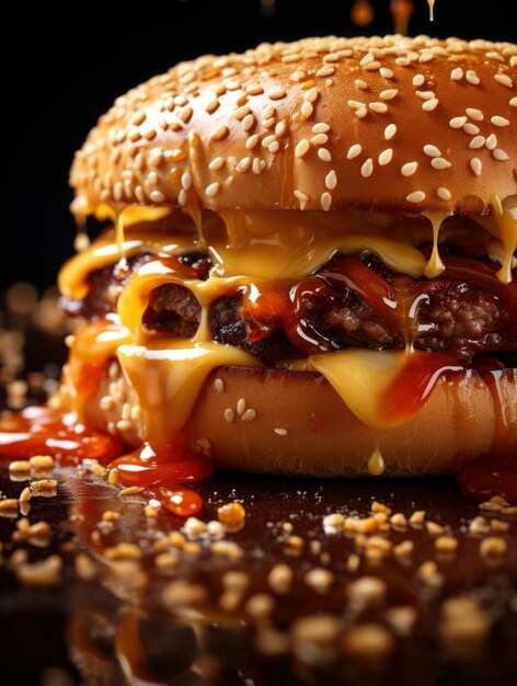 View of delicious burger with buns and cheese