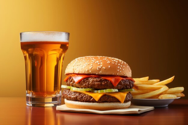 Vista di un delizioso hamburger con patatine fritte