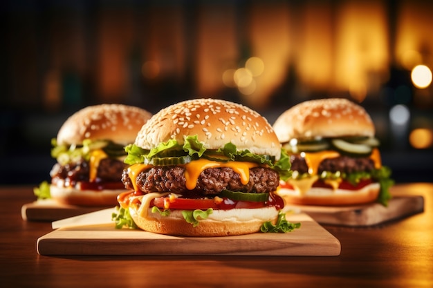 View of delicious burgers with buns and cheese