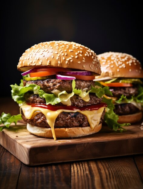 View of delicious burgers with buns and cheese