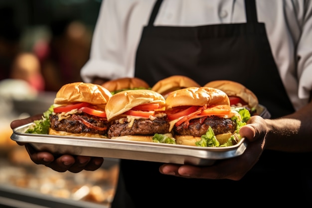 View of delicious burgers with buns and cheese