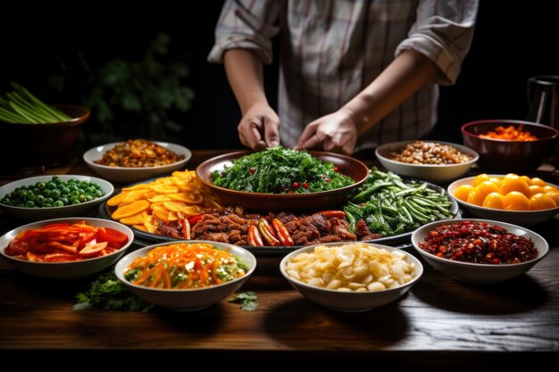 中国の新年再会ディナーの美味しい食べ物の景色