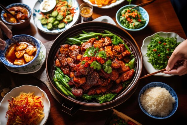 View of delicious food for chinese new year reunion dinner