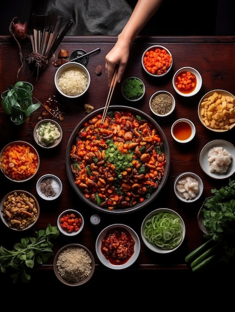 View of delicious food for chinese new year reunion dinner