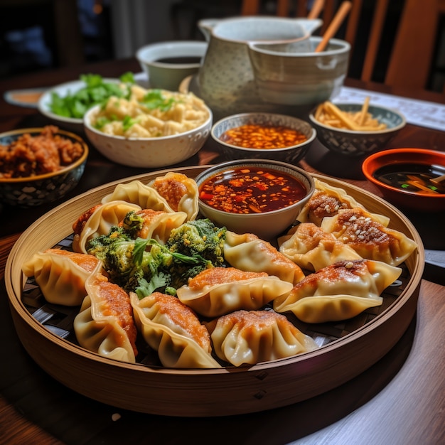 Foto gratuita vista del delizioso cibo per la cena di riunione del capodanno cinese