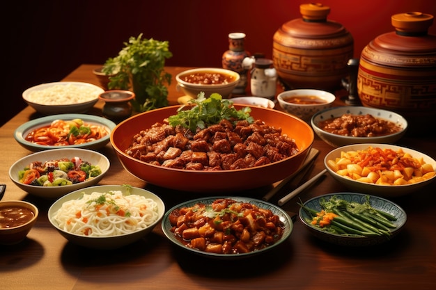 中国の新年再会ディナーの美味しい食べ物の景色