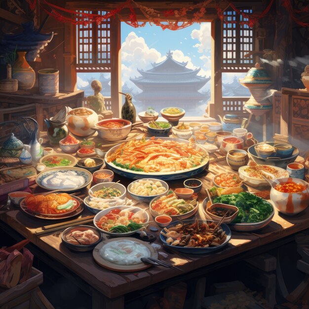 View of delicious food for reunion dinner in anime style