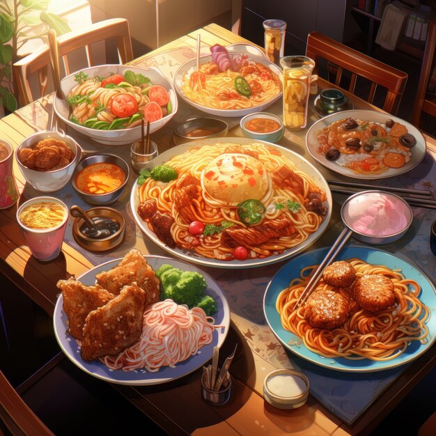 애니메이션 스타일 의 재결합 저녁 식사 를 위한 맛있는 음식 의 모습