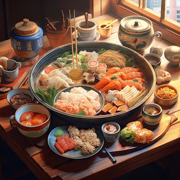 Free photo view of delicious food for reunion dinner in anime style