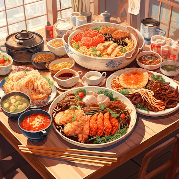 Free photo view of delicious food for reunion dinner in anime style