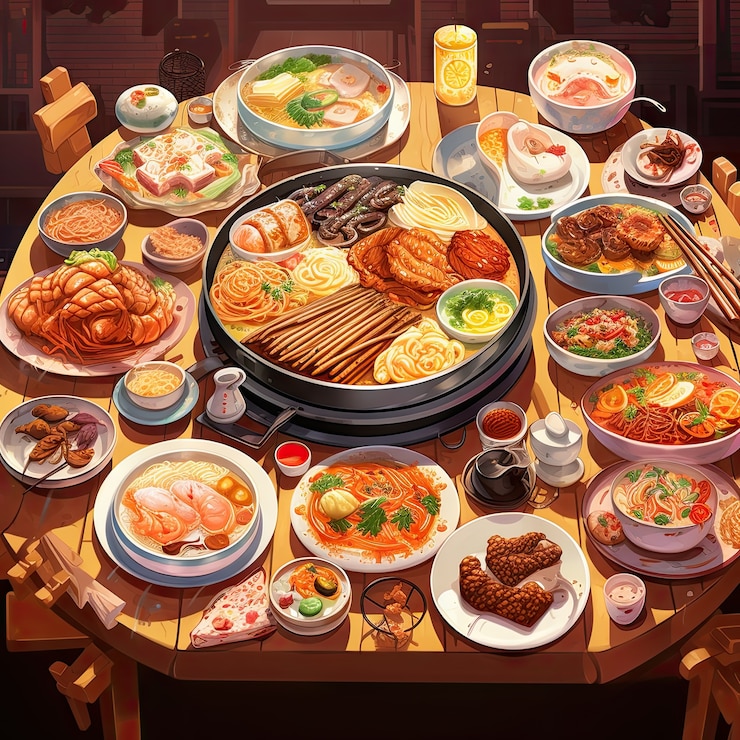 無料Photo アニメスタイルの再会ディナーの美味しい食べ物の景色