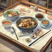 Free photo view of delicious food for reunion dinner in anime style