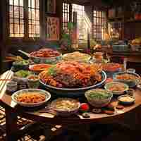 Free photo view of delicious food for reunion dinner in anime style