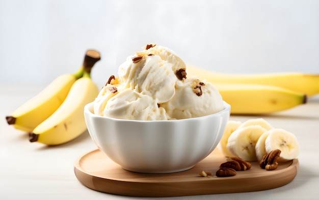 바나나를 곁들인 맛있는 냉동 아이스크림 디저트의 전망