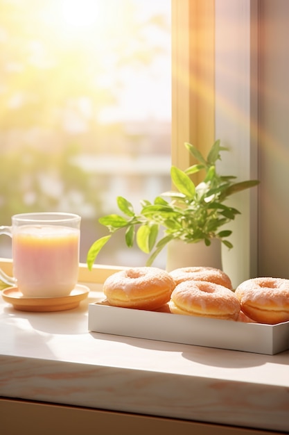 Free photo view of delicious glazed donuts in box