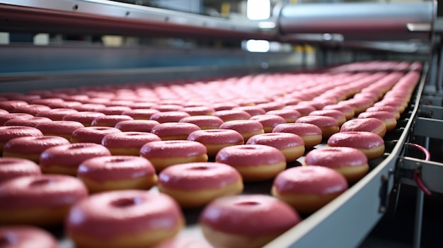 Free photo view of delicious glazed donuts in factory