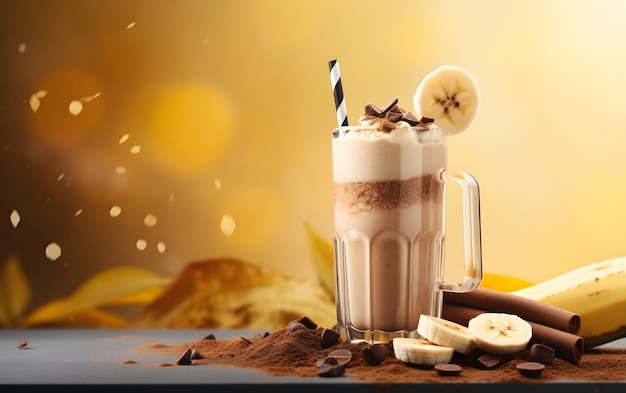 View of delicious milkshake drink with bananas