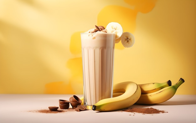 Вид на вкусный молочный коктейль с бананами