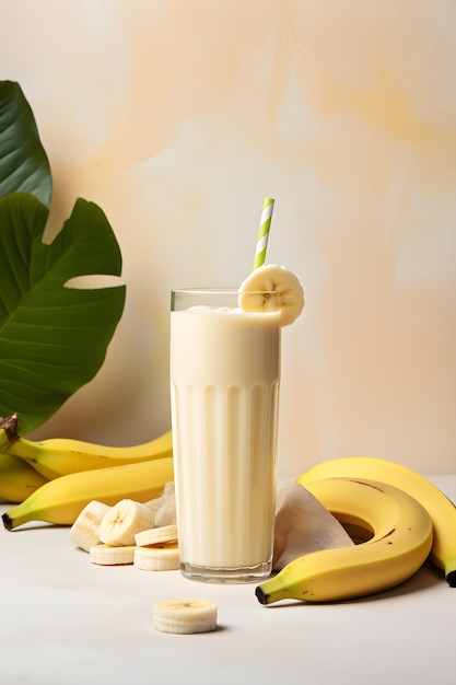 View of delicious milkshake drink with bananas