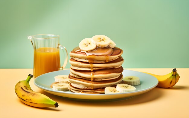 View of delicious pancakes with bananas