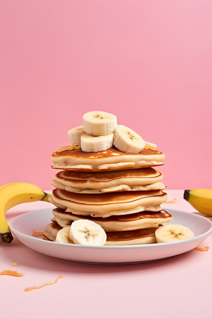 View of delicious pancakes with bananas