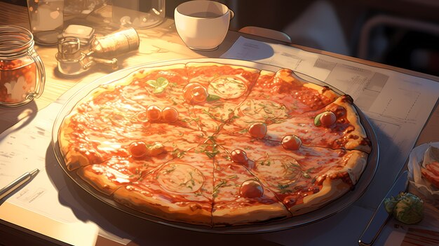 view of delicious pizza in anime style