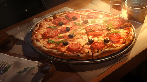 View of delicious pizza in anime style