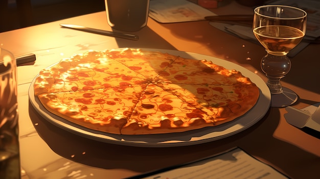 View of delicious pizza in anime style