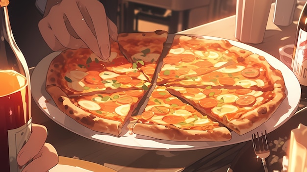 view of delicious pizza in anime style
