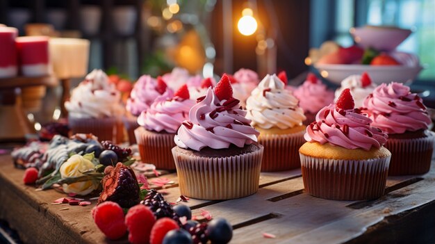 View of delicious and sweet cupcake desserts with frosting