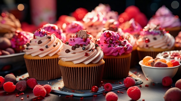 View of delicious and sweet cupcake desserts with frosting