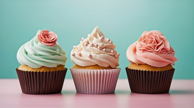 Free photo view of delicious and sweet cupcake desserts with frosting