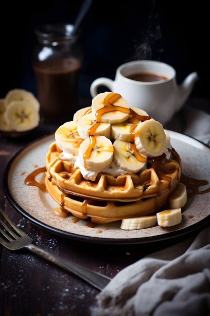 View of delicious waffles with banana slices and syrup