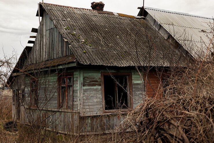 Бесплатный Фотография вид на заброшенный и ветшающий дом на природе