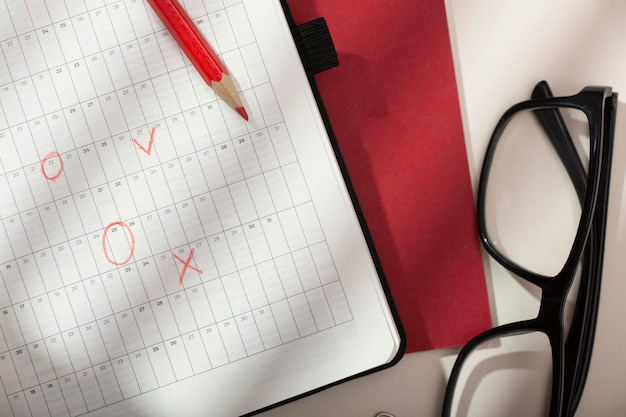 Above view desk arrangement with glasses