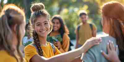 Foto gratuita il punto di vista di diversi adolescenti che praticano attività di salute e benessere per se stessi e la loro comunità