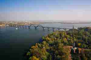 Free photo view over the dnieper river in kiev. aerial drone view.