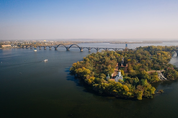 View over the Dnieper River in Kiev. Aerial drone view.