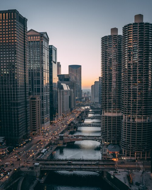 View down the Chicago River from above at sunset