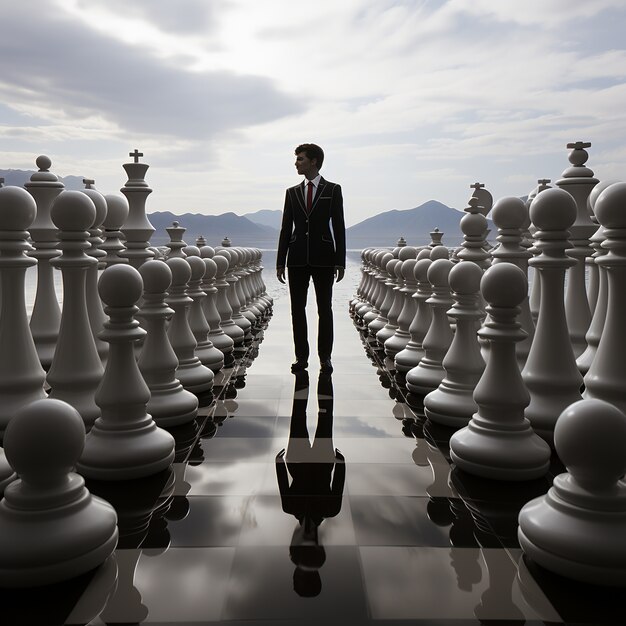 View of dramatic chess pieces with man