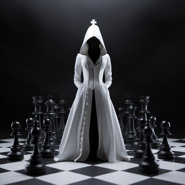 Вид на драматические шахматные фигуры с загадочной фигурой