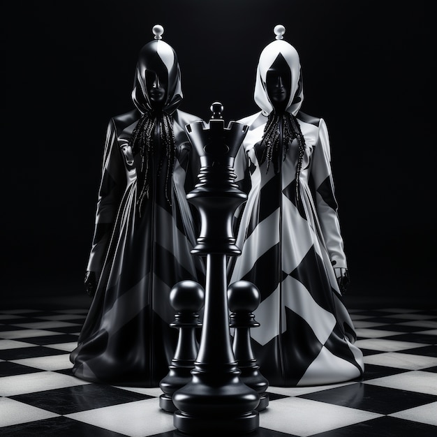 神秘的な人物が描かれた劇的なチェスの駒の眺め