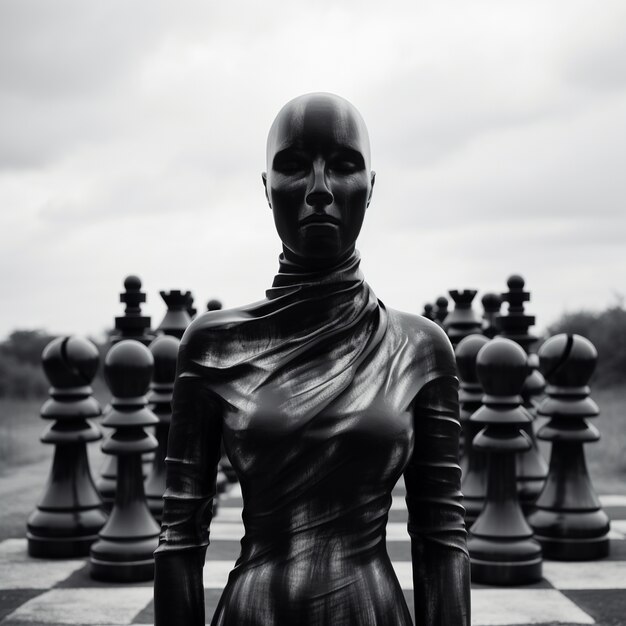 View of dramatic chess pieces with mysterious figure