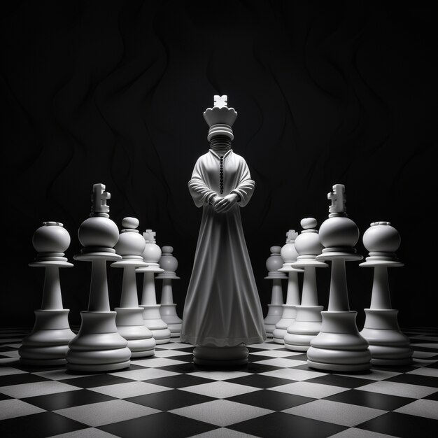 View of dramatic chess pieces with mysterious figure