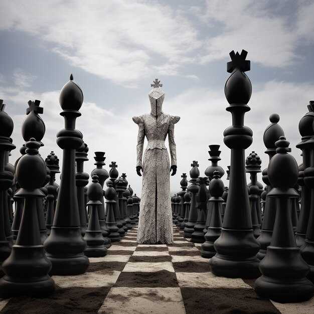 View of dramatic chess pieces with mysterious figure