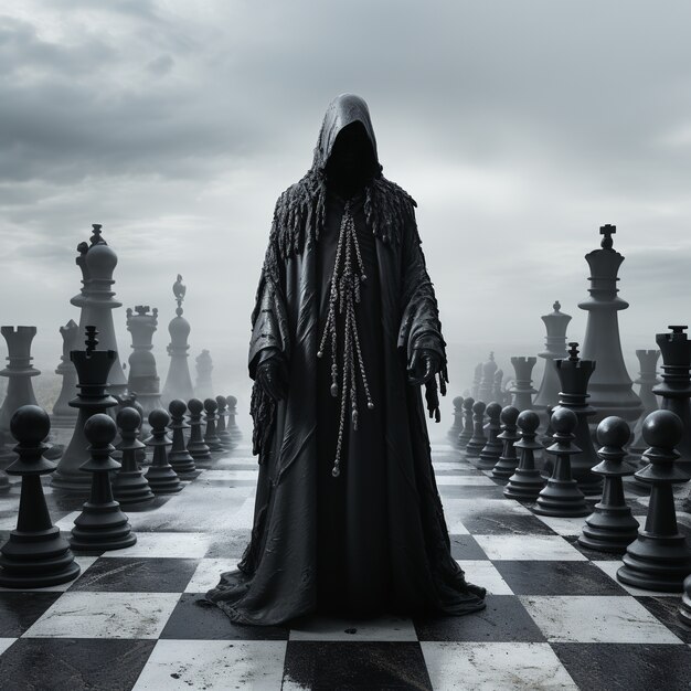Вид на драматические шахматные фигуры с загадочной фигурой