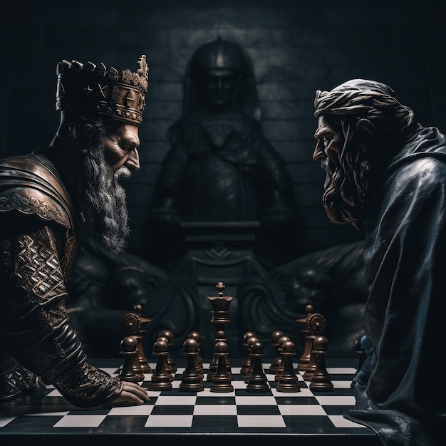 Free photo view of dramatic chess pieces with mysterious and mystical ambiance