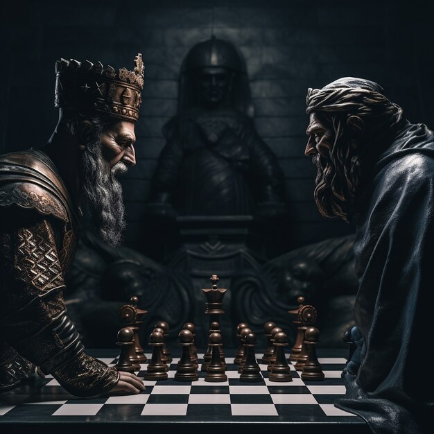 View of dramatic chess pieces with mysterious and mystical ambiance